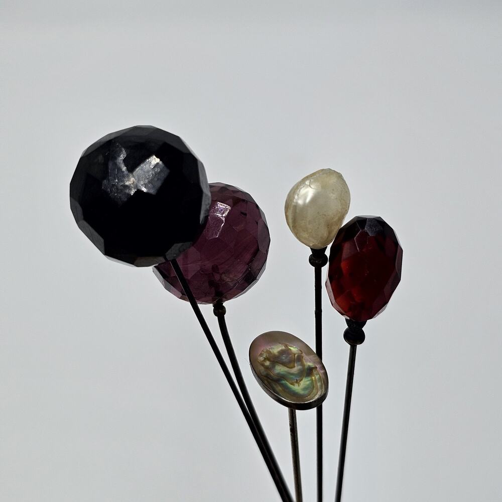 VTG Lot of 5 Victorian Hat Pins Red Purple Black Faceted Abalone Glass